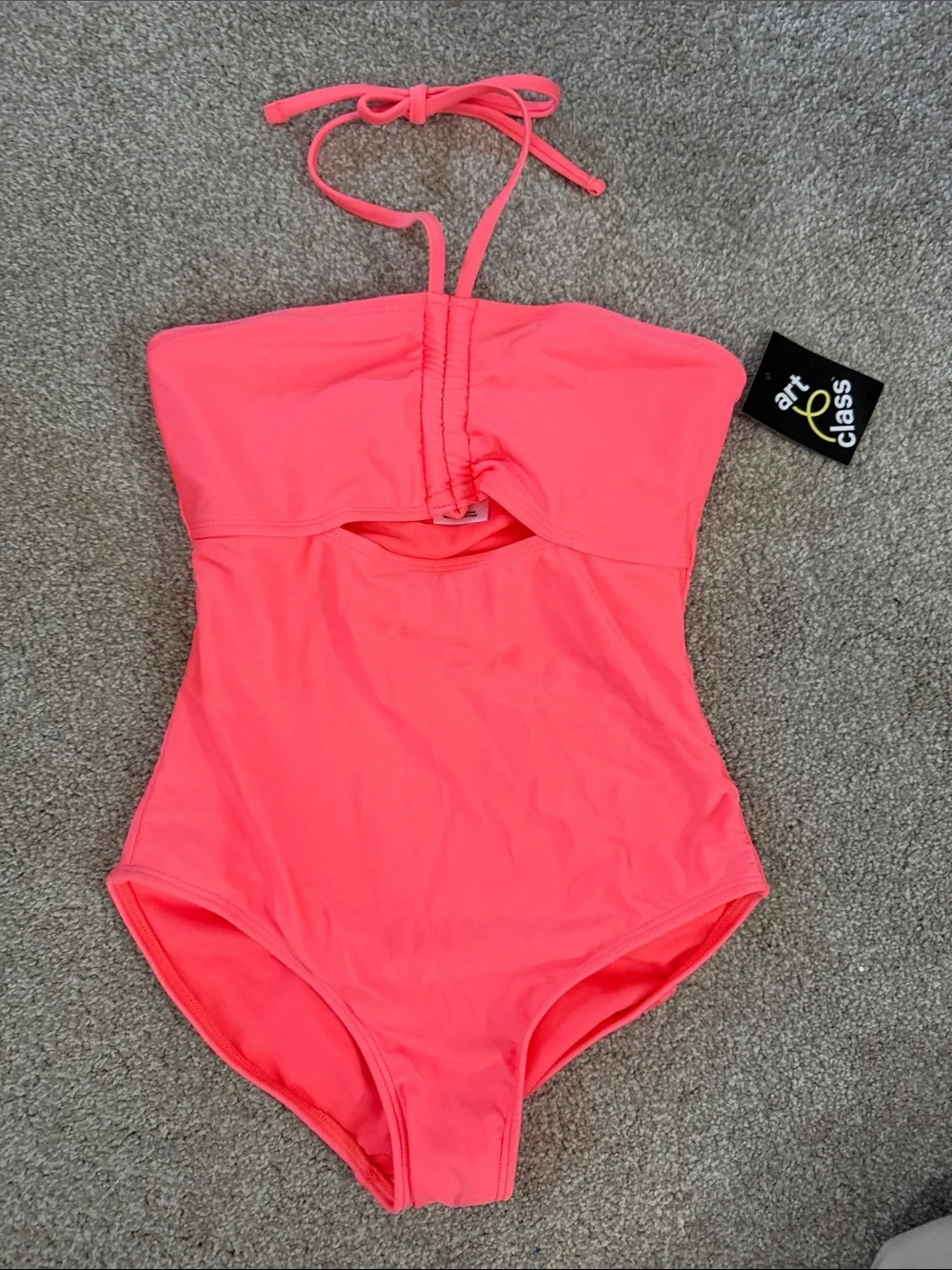 NWT Girls Neon Coral Halter One-Piece Swimsuit size Large 10/12